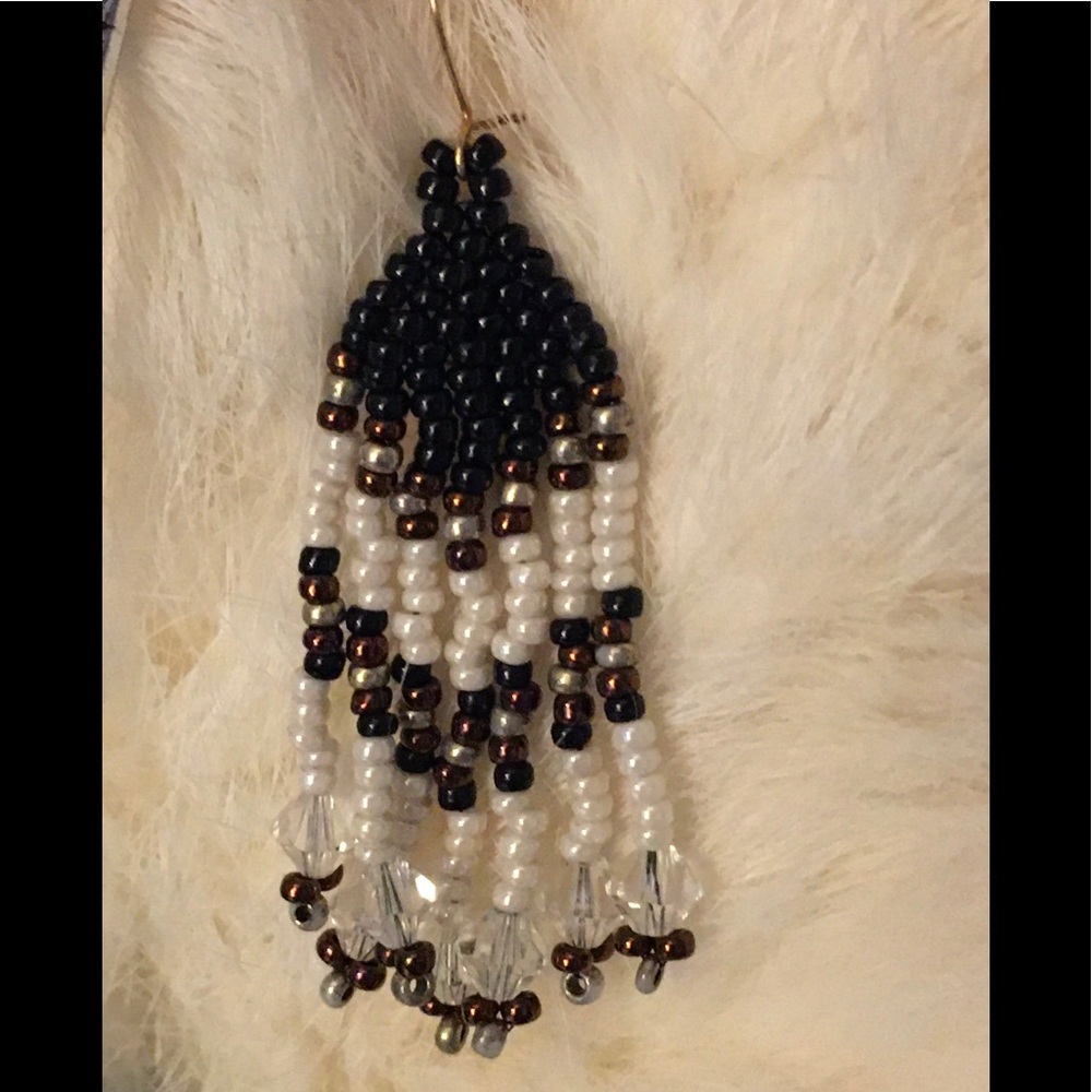 Artisian made Crystals in beige black bronze silver Earrings Hand woven